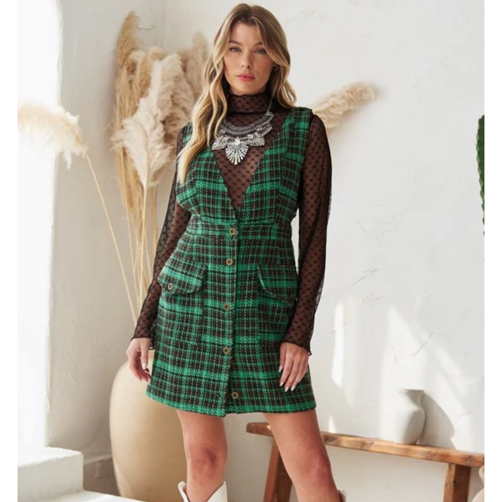 NWT darling boutique Green and Black tweed Plaid Dress